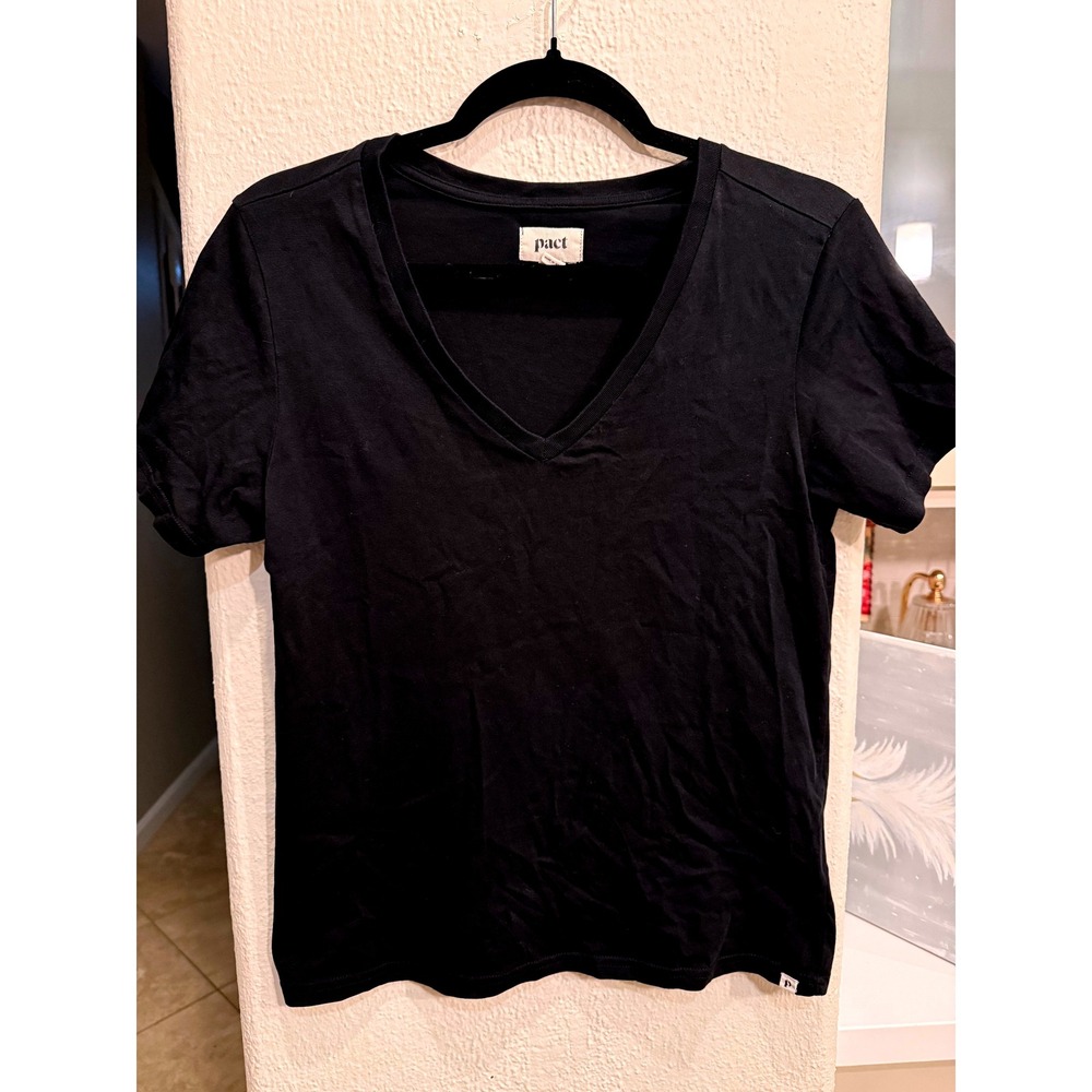 Pact Black Organic Cotton V Neck Short Sleeve Basic Tee Top Women's Size S